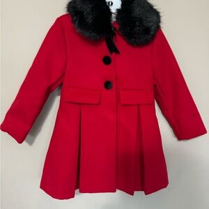 Edgehill Collection Red Pea Coat with Black Faux Fur Collar